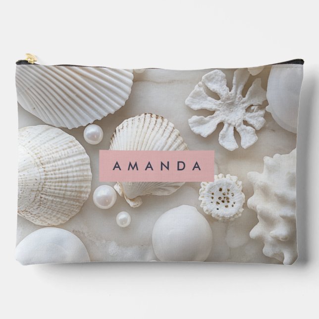 Personalized Elegant White Seashell and Pearl Accessory Pouch (Front)