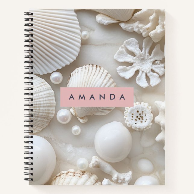 Personalized Elegant White Seashell and Pearl Notebook (Front)