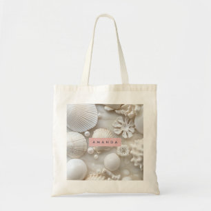 Personalized Elegant White Seashell and Pearl Tote Bag