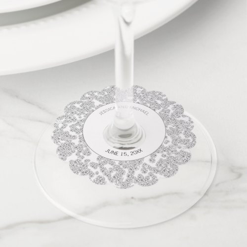 Personalized Elegant White Silver Diamond Glitter Wine Glass Tag