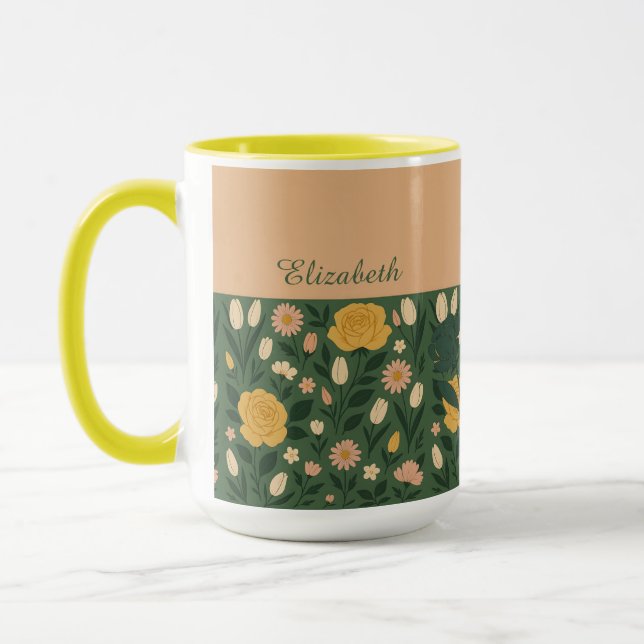 Personalized Elegant Yellow Floral Handle Coffee   Mug (Left)