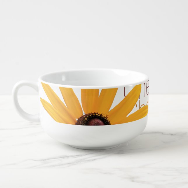 Personalized Elegant Yellow Flower Brown Cheer Up Soup Mug (Right)