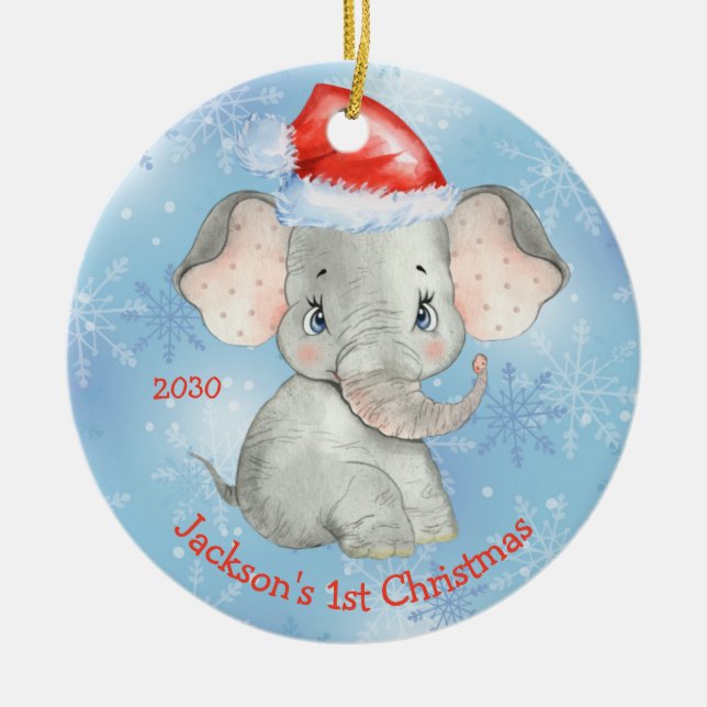 Personalized Elephant 1st Christmas Baby Boy Ceramic Ornament (Front)