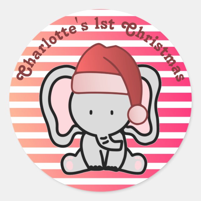 Personalized Elephant 1st Christmas Baby Girl  Classic Round Sticker (Front)