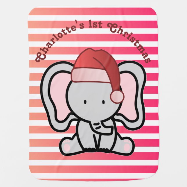 Personalized Elephant 1st Christmas Baby Girl Pink Baby Blanket (Front)