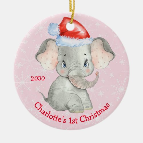 Personalized Elephant 1st Christmas Baby Girl Pink Ceramic Ornament