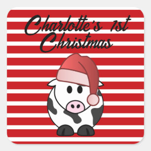 Personalized Elephant 1st Christmas Baby Girl Red Square Sticker