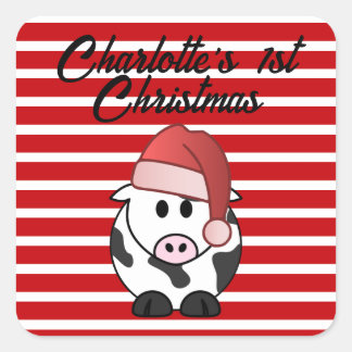 Personalized Elephant 1st Christmas Baby Girl Red Square Sticker