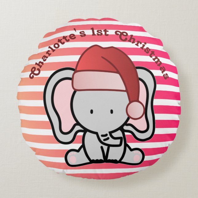 Personalized Elephant 1st Christmas Baby Girl Round Pillow (Front)
