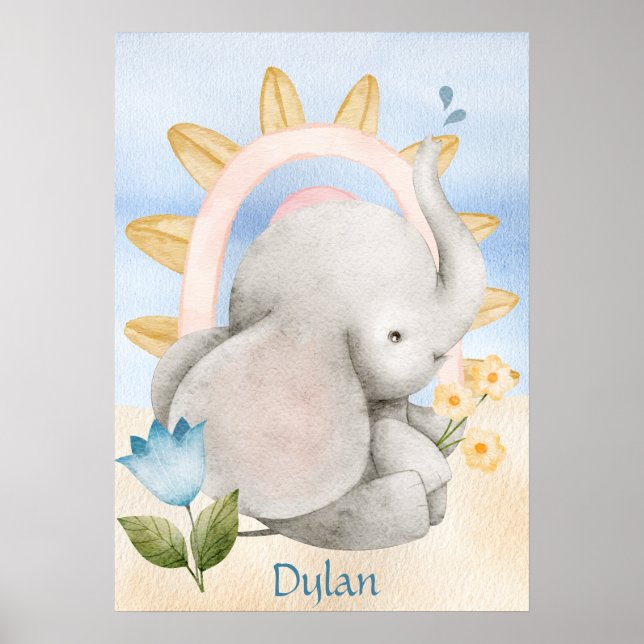 Personalized Elephant, Baby Animals, Boho, Rainbow Poster (Front)