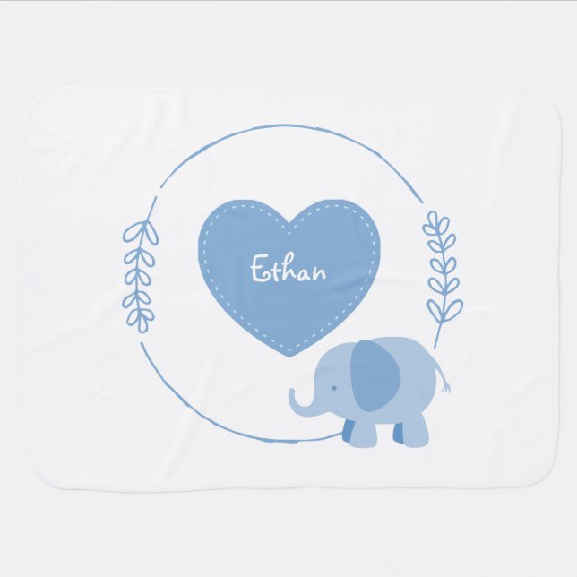 Personalized Elephant Baby Boy Receiving Blanket (Horizontal)