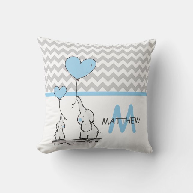 Personalized Elephant Blue Chevron Nursery BOY Throw Pillow (Front)