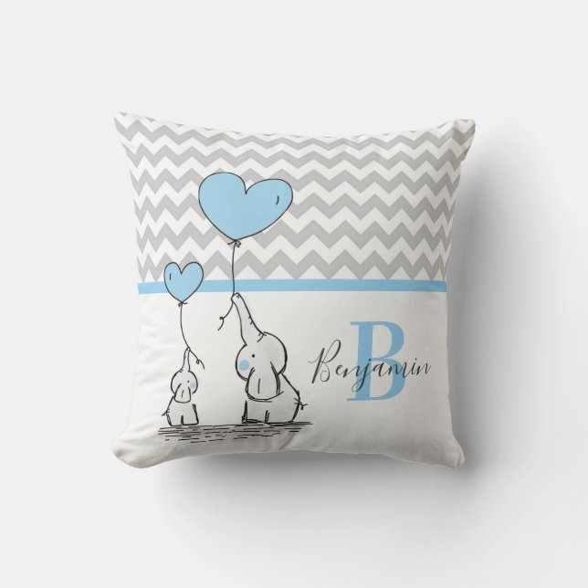 Personalized Elephant Blue Chevron Nursery BOY Throw Pillow (Front)
