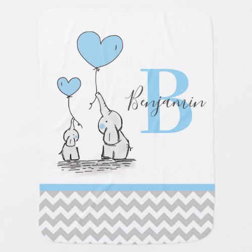 Personalized Elephant Blue Grey Chevron BOY Baby Blanket