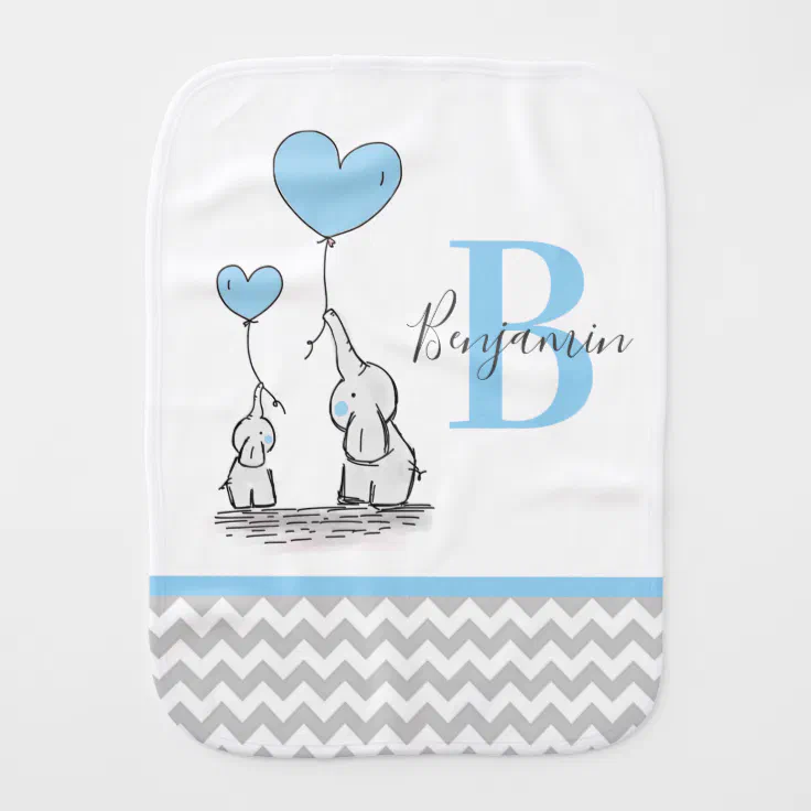 Elephant Personalized Burp Cloth set of 3  Custom Baby Gift Blue and Grey 
