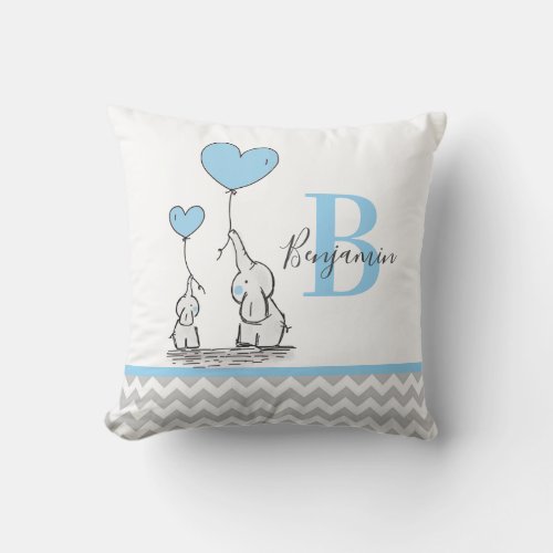 Personalized Elephant Blue Grey Chevron BOY Throw Pillow