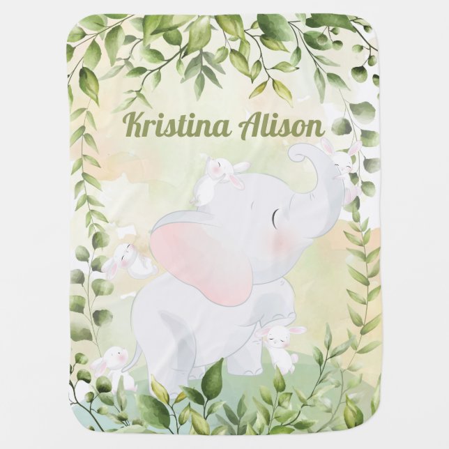 Personalized Elephant + Bunnies + Greenery Leaves  Baby Blanket (Front)