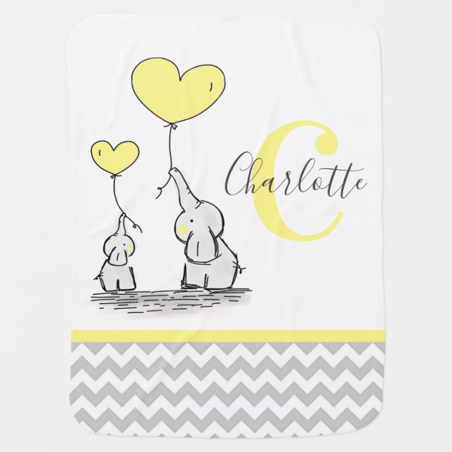 Personalized Elephant Butter Yellow Chevron Gender Baby Blanket (Front)