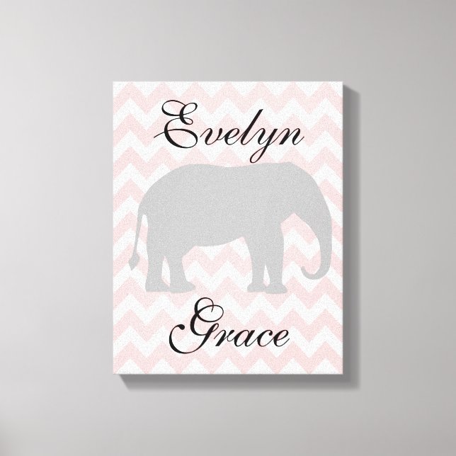 Personalized Elephant Chevron Baby Girl Nursery Canvas Print (Front)