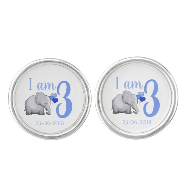 Personalized Elephant Custom Age/3rd Birthday Cufflinks (Front)