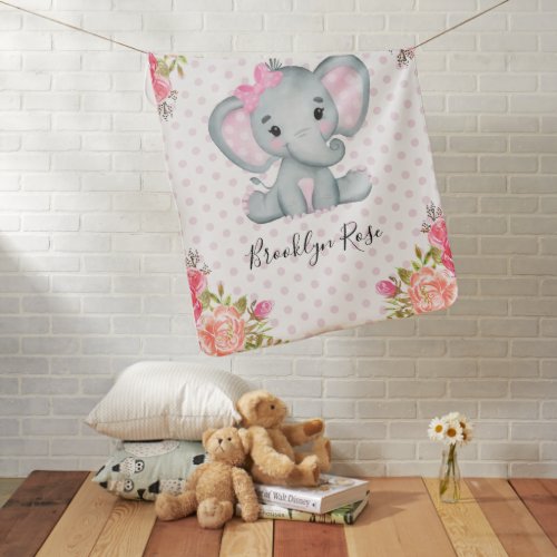 Personalized Elephant Floral Baby Girl Baby Blanket