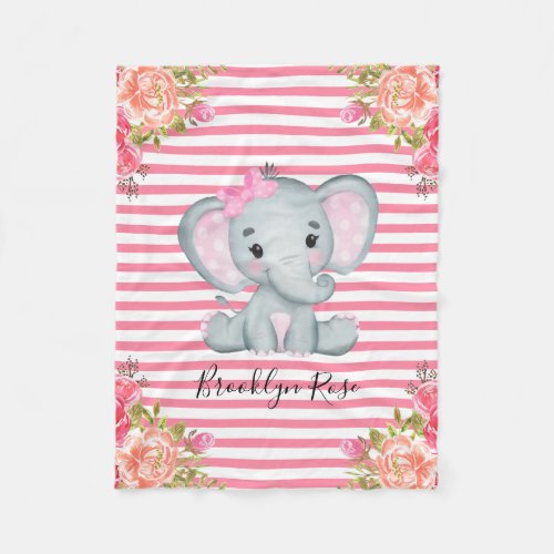 Personalized Elephant Floral Baby Girl Fleece Blan