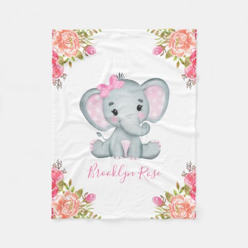 Personalized Elephant Floral Baby Girl Fleece Blanket