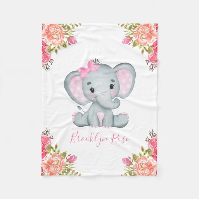 Personalized Elephant Floral Baby Girl Fleece Blanket (Front)