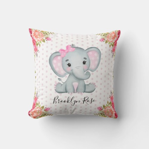 Personalized Elephant Floral Baby Girl Throw Pillow