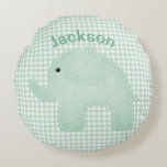 Personalized Elephant Green Plaid Gingham Nursery Round Pillow<br><div class="desc">Adorable faux felt look elephant on coordinating color of plaid.  Add baby name to complete this sweet pillow.  For boy or girl.</div>