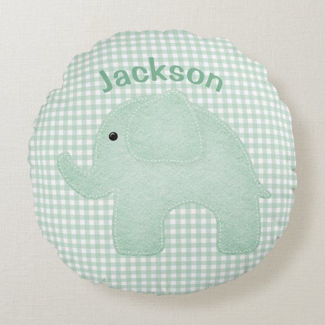 Personalized Elephant Green Plaid Gingham Nursery Round Pillow (Front)