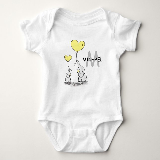 Personalized Elephant Grey Yellow Black Balloons Baby Bodysuit (Front)