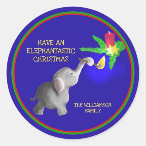 Personalized Elephant Lights a Candle Christmas Classic Round Sticker