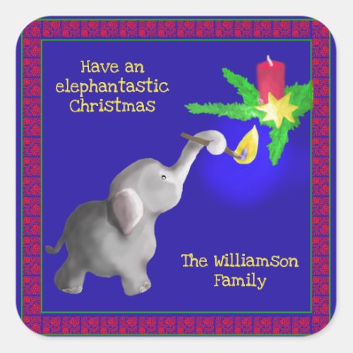 Personalized Elephant Lights a Candle Christmas Square Sticker