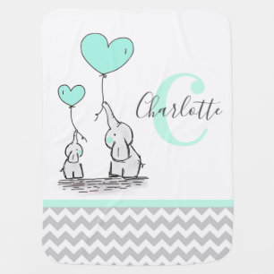 Personalized Elephant Mint Green Grey Chevron Girl Baby Blanket