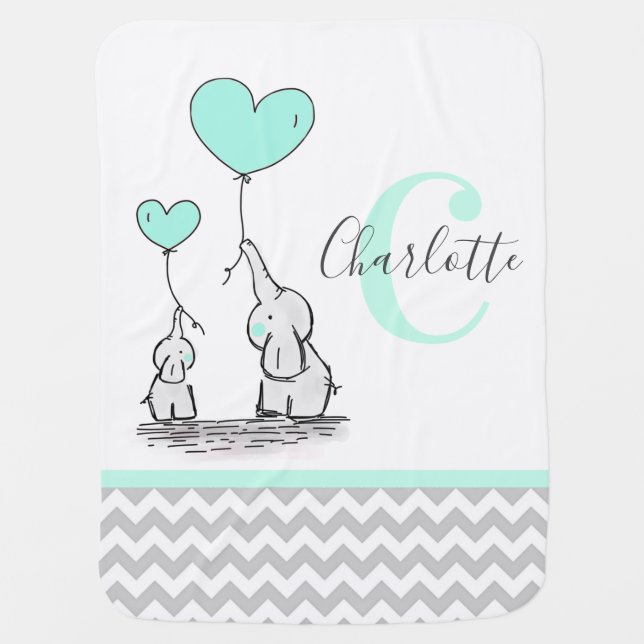 Personalized Elephant Mint Green Grey Chevron Girl Baby Blanket (Front)