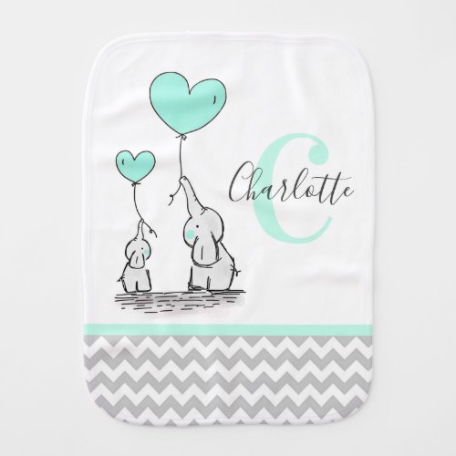 Personalized Elephant Mint Green Grey Chevron Girl Baby Burp Cloth