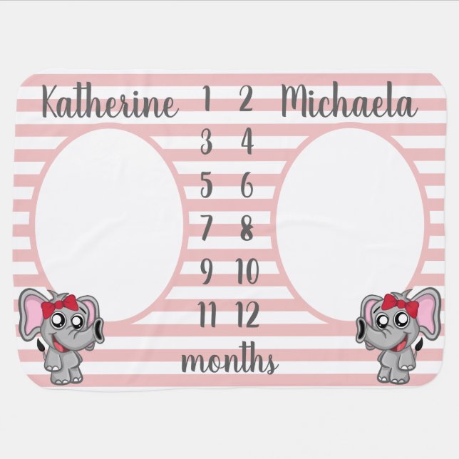 Personalized Elephant Monthly Milestone Twin Girl Baby Blanket (Horizontal)