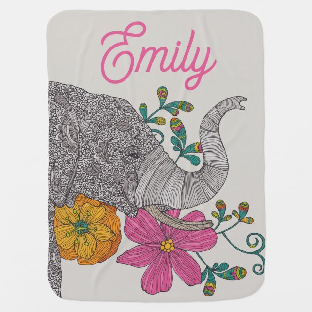 Personalized Elephant Name Kids Baby Blanket (Front)