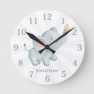 Personalized Elephant Nursery Room Round Clock