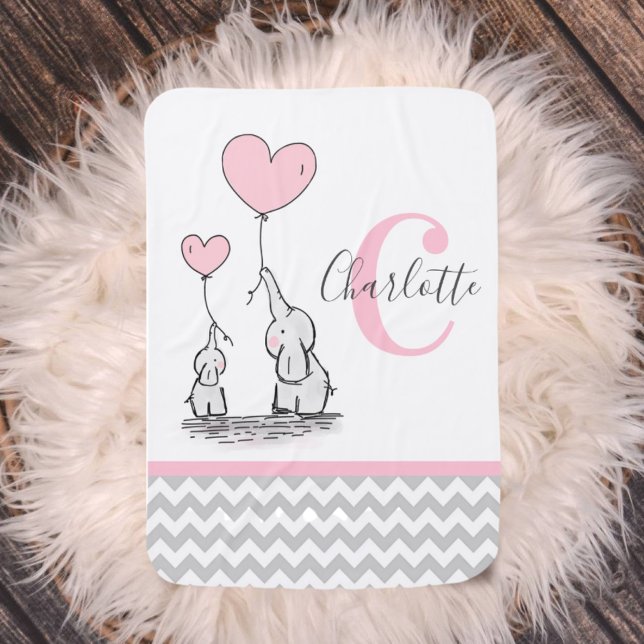 Personalized Elephant Pink Gray Chevron Girl Baby Blanket (Creator Uploaded)