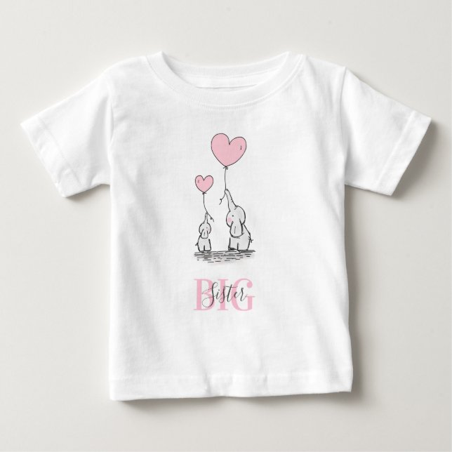 Personalized Elephant Pink Grey BIG SISTER Baby T-Shirt (Front)