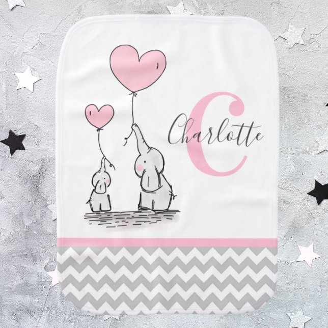 Personalized Elephant Pink Grey Chevron Girl Baby Burp Cloth (Creator Uploaded)