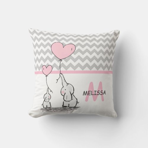 Personalized Elephant Pink Grey Chevron Nursery Throw Pillow