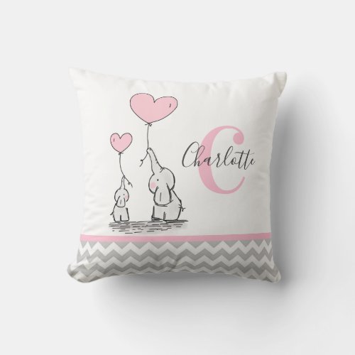 Personalized Elephant Pink Grey Chevron Nursery Throw Pillow