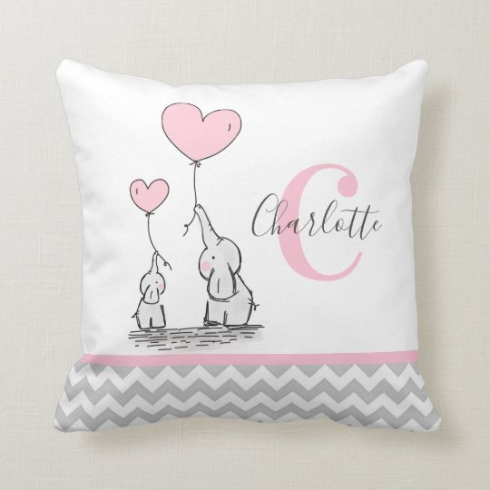 Personalized Elephant Pink Grey Chevron Nursery Throw Pillow