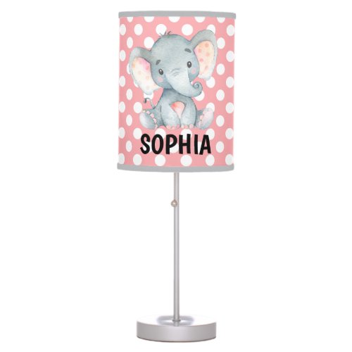 Personalized Elephant Polka Dots Pink Girl Name Table Lamp