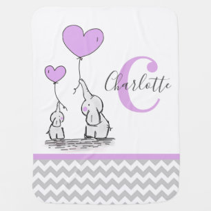 Personalized Elephant Purple Grey Chevron Girl Baby Blanket