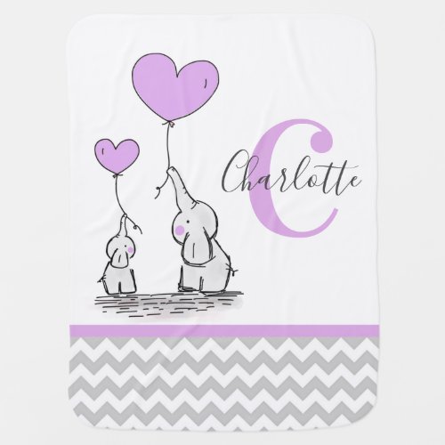 Personalized Elephant Purple Grey Chevron Girl Baby Blanket