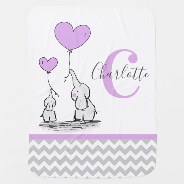 Personalized Elephant Purple Grey Chevron Girl Baby Blanket (Front)